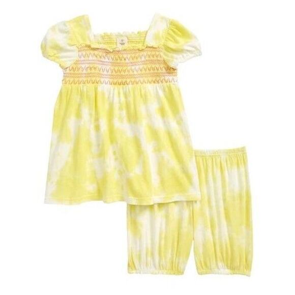 TUCKER + TATE Baby Girl Yellow Tie Dye Puff Sleeve Top & Shorts Set Size 3M - Picture 1 of 1